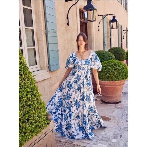 LoveShackFancy DANBURY Blue Floral Maxi Gown Dress Bridal Resort Vacation Sz 2 - Picture 8 of 16